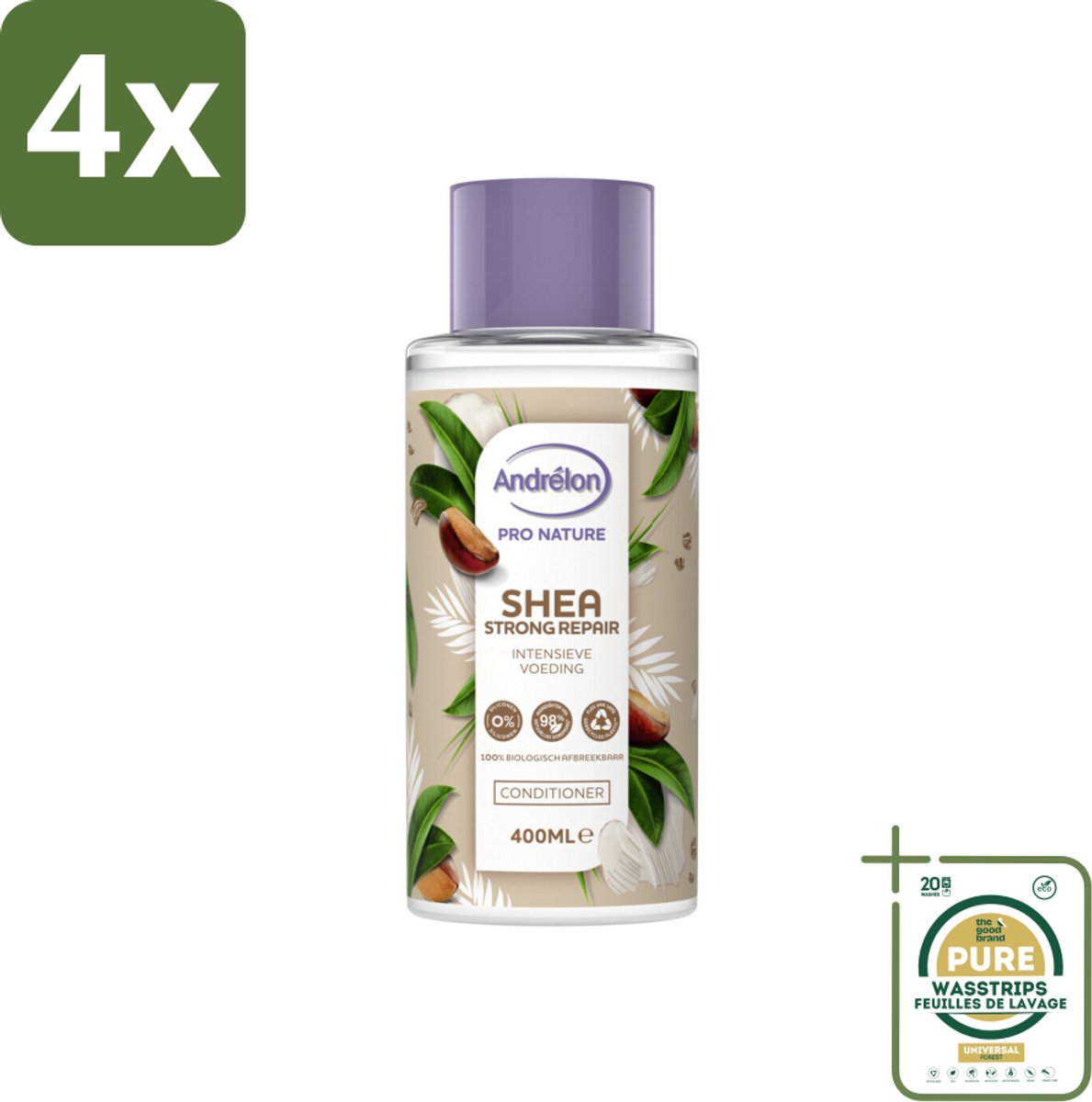 Andrélon - Pro Nature - Shea Strong Repair - Haarconditioner - 400 ml - Voordeelverpakking - 4 stuks - Sheaboter conditioner - Kokosolie conditioner