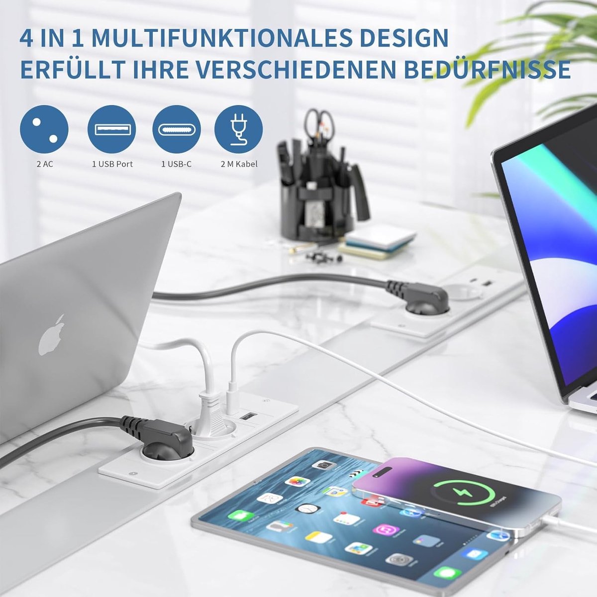Inbouw Stopcontact met USB en USB C - Wit - 1,5 m Kabel - Met Overspanningsbeveiliging - Voor Thuis en Kantoor
