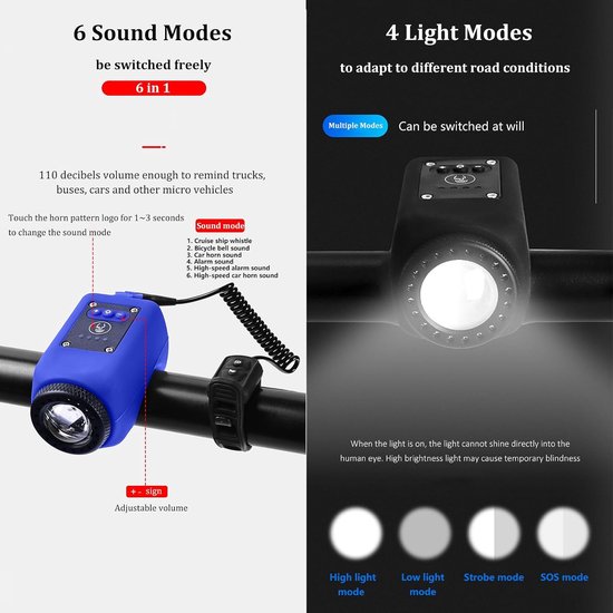 Fietslamp - Fietslamp USB Oplaadbaar - Waterdicht Fietslicht - Fietsverlichting - Elektrische Fietsclaxon Met Fietsverlichting - 110 Db - Zwart - MTB & Racefiets Verlichting - oplaadbaar LED fietslicht USB oplaadbaar met claxon - Veilig Fietsen — afbeelding 5