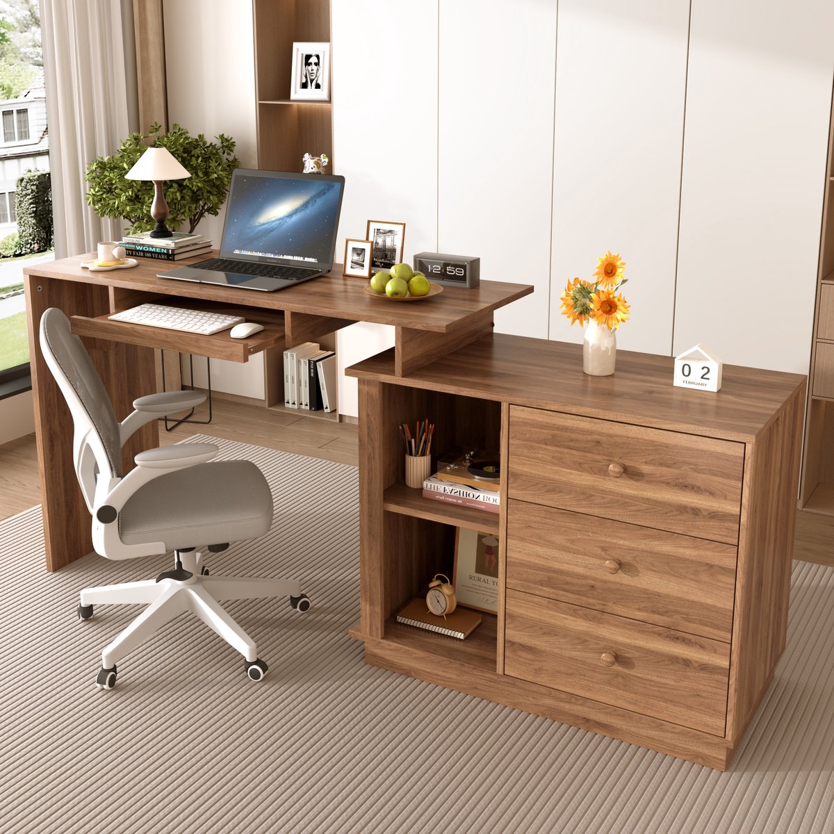 Pugsdrly Moderne uitschuifbare multifunctionele computertafel met uitschuifbaar blad, toetsenbordlade, open vakken & opbergkast met 3 lades, bureau voor thuisstudie & thuiskantoor，Zonder stoel