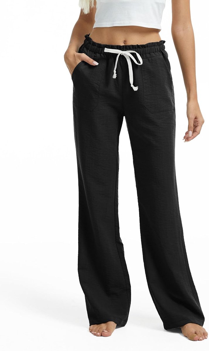 SEVEGO Long Women Casual Linen Pants 30"/32"/34"/36" Inseam Drawstring Smocked Waist Beach Summer Pants with Pockets - ShopVlot