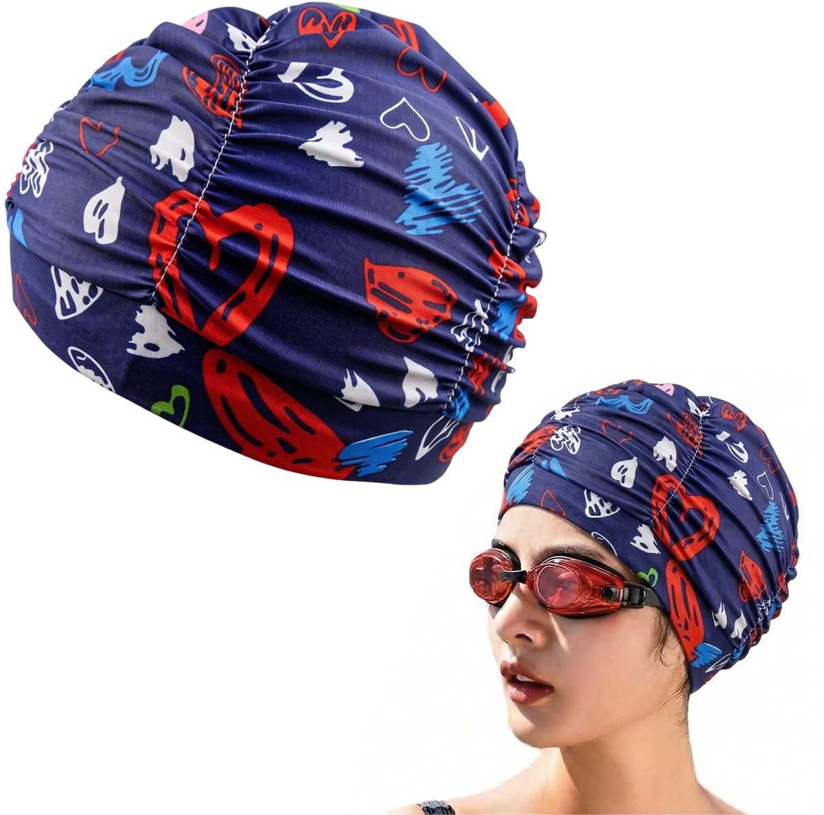 Badekap voor Dames met Lange Haaren, van Nylon Stretchmateriaal - Hart Design