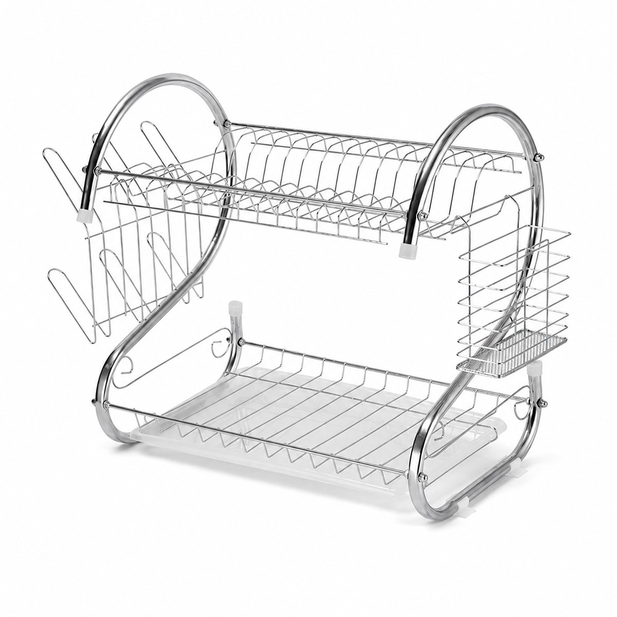 Afdruiprek - 2-laags Groot RVS Afdruiprek met Opvangbak - Inclusief Kopjeshouder en Bestekmand - Geschikt voor Keukenaanrecht - Formaat 40x24x38 cm - Zilverkleurig - 1 Stuk