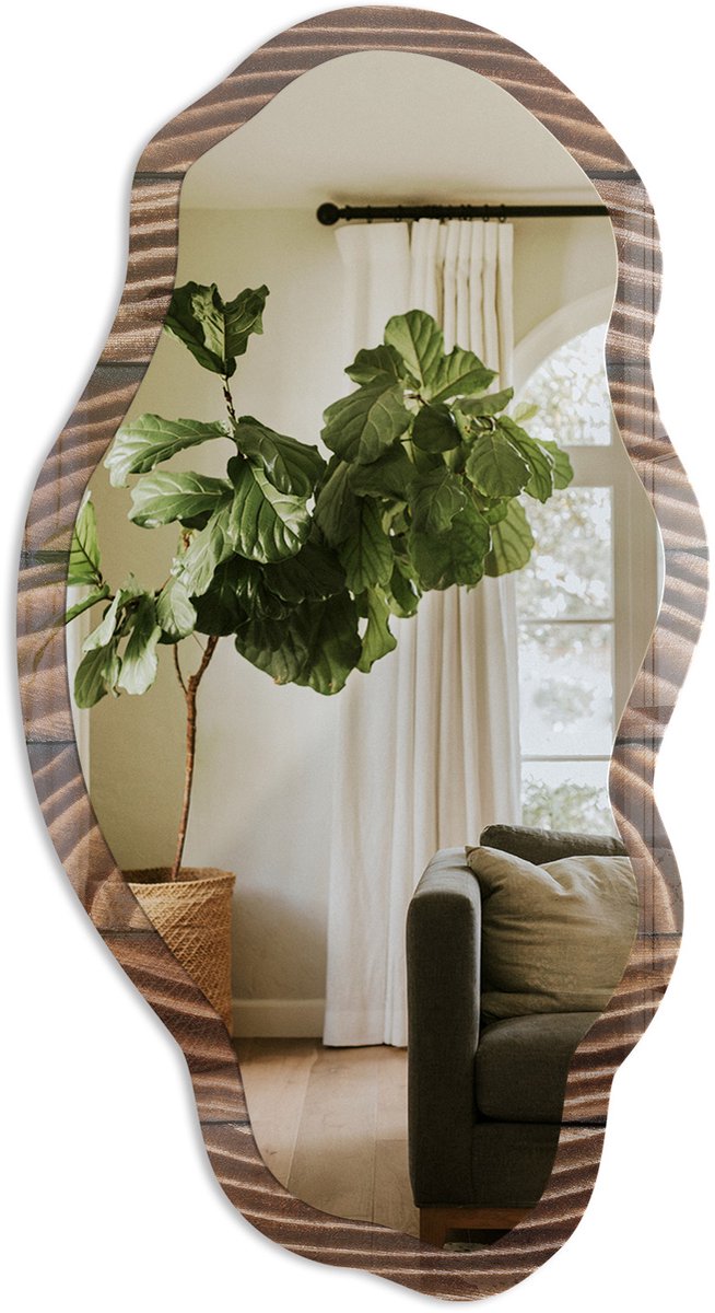 TULUP Houten Golven Spiegel - Bruin Stijlvolle Wandspiegel - Organische Spiegel - Woonkamer - Rustiek - 45x90 cm - Totale afmeting 52x97 cm Houten Golfmotief, Bruin