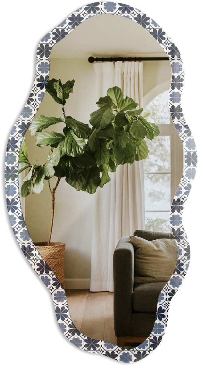 TULUP Geometrisch Ornament Spiegel - Blauw Strakke Rechthoekige Spiegel - Organische Spiegel - Badkamer, Hal, Keuken - Geometrisch - 45x90 cm - Totale afmeting 52x97 cm Geometrisch Ornament, Blauw