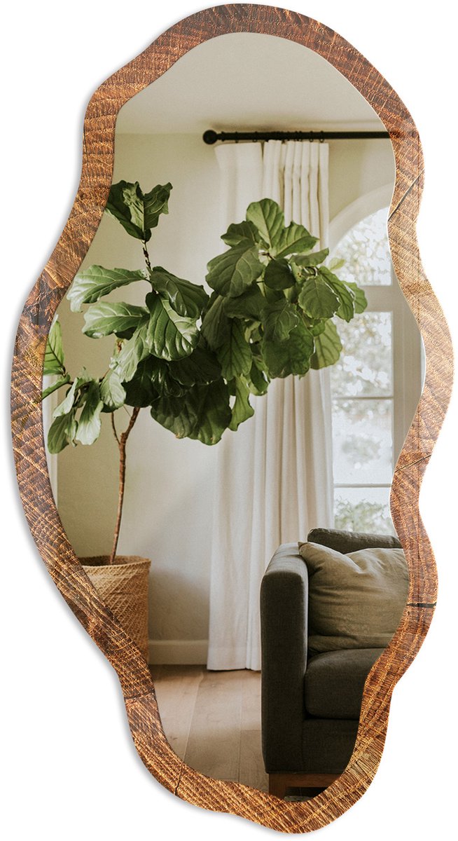 TULUP Houten Constructie Spiegel - Bruin Stijlvolle Wandspiegel - Organische Spiegel - Woonkamer, Kantoor, Hal - Rustiek - 45x90 cm - Totale afmeting 52x97 cm Houten StructuurPatroon, Bruin