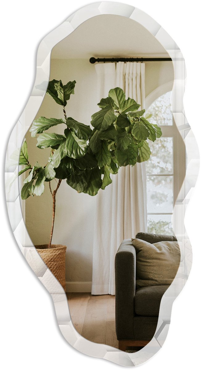 TULUP Geometrische Structuur Spiegel - Wit Elegante Rechthoekige Wandspiegel - Organische Spiegel - Woonkamer, Kantoor, Hal - Geometrisch - 45x90 cm - Totale afmeting 52x97 cm