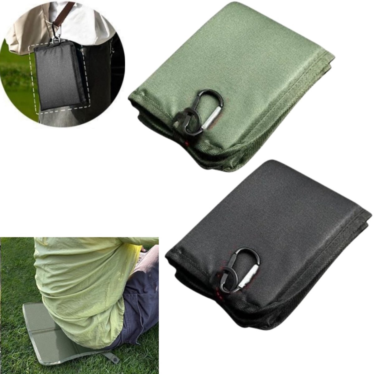 2-delige set - Opvouwbaar zitkussen - Buitenstoelkussen - Stadionzitkussen - Vochtbestendig draagbaar zitkussen - Opvouwbare kniebeschermer - Met karabijnhaak - Groen en zwart - 37 x 27,5 cm - Geschikt voor picknicks, vissen en wandelen