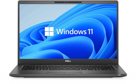 Zwarte Dell laptop met een beeldscherm waarop het Windows 11 logo staat.