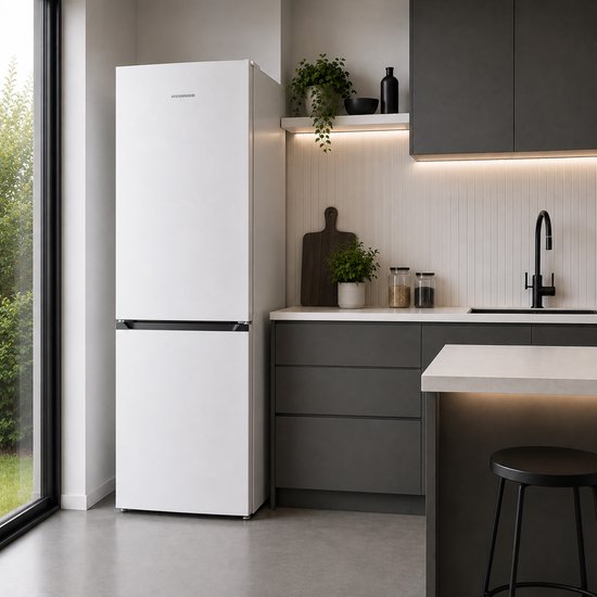 Wit Heinner koel-vriescombinatie in moderne keuken met donkergrijs aanrecht.