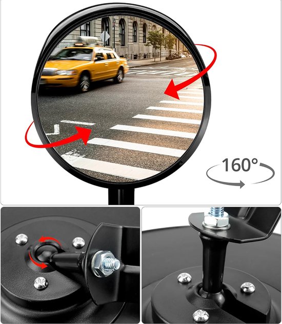 Een bolle spiegel toont een gele taxi die over een zebrapad rijdt. De spiegel heeft een 160° kijkhoek. Montageonderdelen worden getoond.