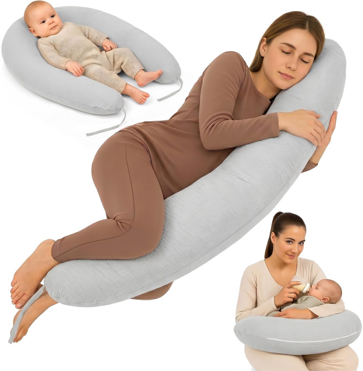 Zwangerschapskussen 190 cm - Mousseline kussen - ergonomisch - steun voor rug en buik - ShopVlot