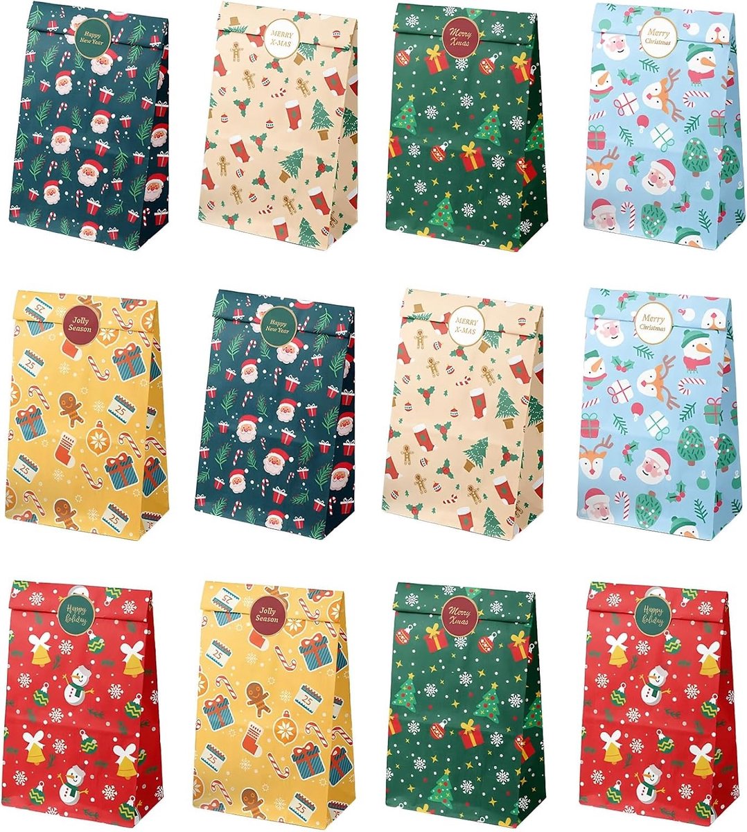 Papieren Kerstzakjes - Kraftpapier - 12 stuks - Met Stickers - Voor Geschenken en Snoep