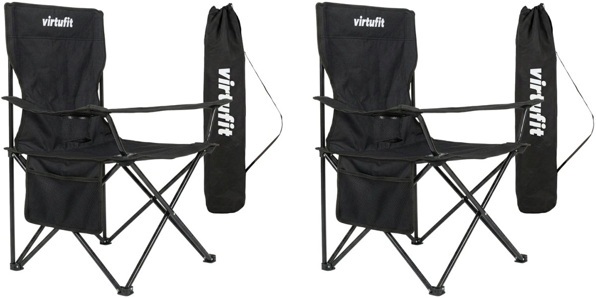 VirtuFit Opvouwbare Camping Stoel - Set van 2 - Strandstoel met Armsteunen - Zwart - Inclusief Draagtas - Voor Festivals, Campings & Stranden - Eenvoudig Meenemen en Opzetten