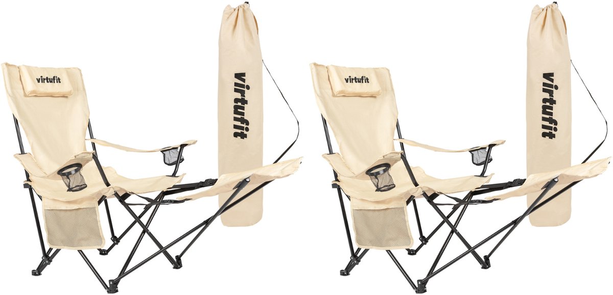 VirtuFit Opvouwbare Camping Stoel met Voetsteun - Set van 2 - Strandstoel - Beige - Inclusief Draagtas, Bekerhouder en Opbergvak