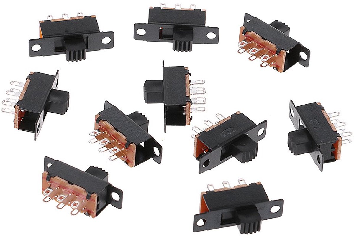 SS22F32 6-pins 2 posities PDT ON/ON Slide 0,5 A activeren/uitschakelen kunststof + metaal - ShopVlot