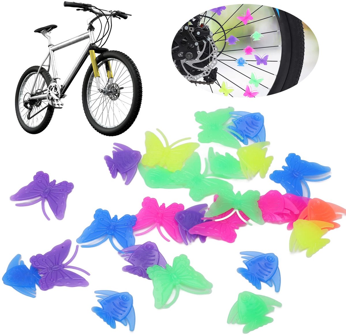 25x Spaakkralen fiets - Spaken versieren - Kinderfiets spaken versiering - Vlinder / vis kralen - Spoke beads - Multicolor glow in the dark - Kunststof - Jonyx