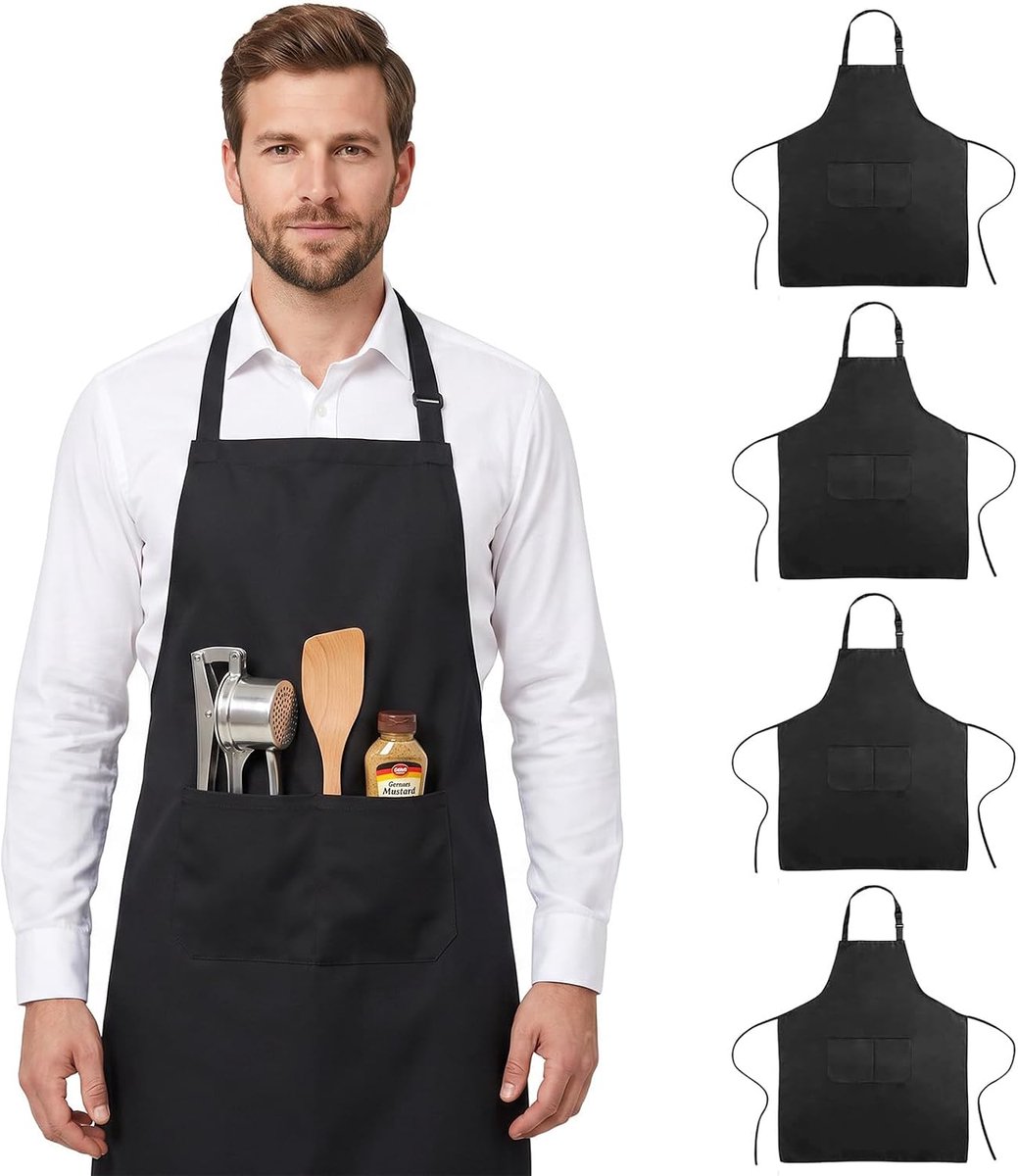Kookschorten set van 4 - zwarte waterdichte schorten - verstelbare nekriem - ideaal voor in de keuken - ShopVlot