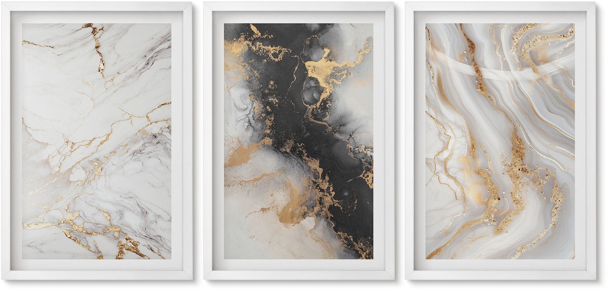 Wallfluent 3-Delige Schilderij Set - Abstracte Patronen In Zwart-Wit Tinten - 40 x 60 - Wanddecoratie - Schilderijen Set - Interieur - Decoratieve Schilderijen