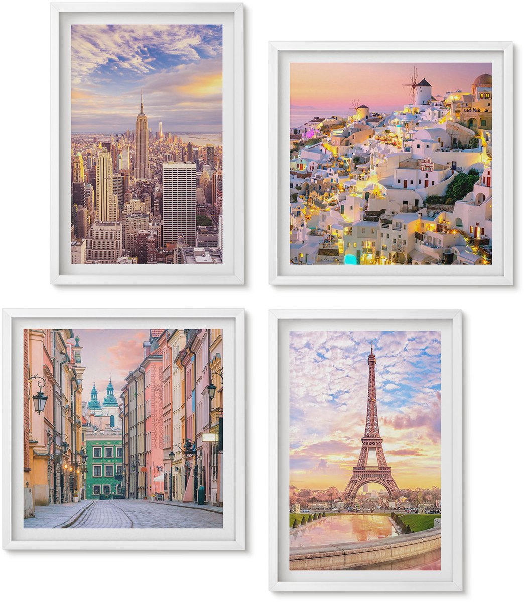 Wallfluent 4-Delige Schilderij Set - New York Parijs Oia Warschau Zonsondergang - 40 x 40 En 40 x 60 - Decoratieve Muurdecoratie - Slaapkamer