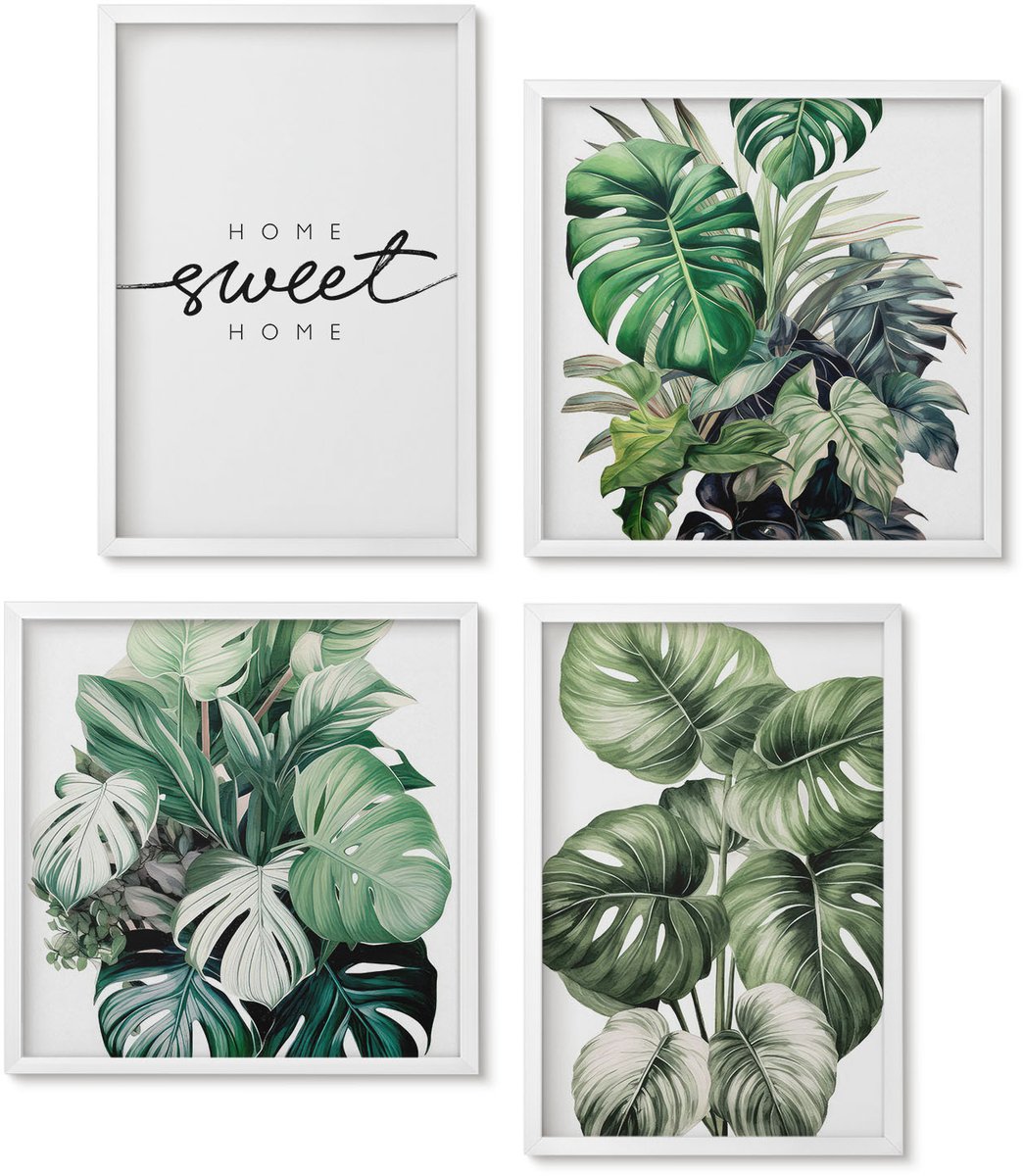 Wallfluent 4-Delige Schilderij Set - Planten In Het Groen Met De Woorden Sweet Home - 40 x 40 En 40 x 60 - Schilderijen Set - Wanddecoratie - Woonkamer - Muurdecoratie