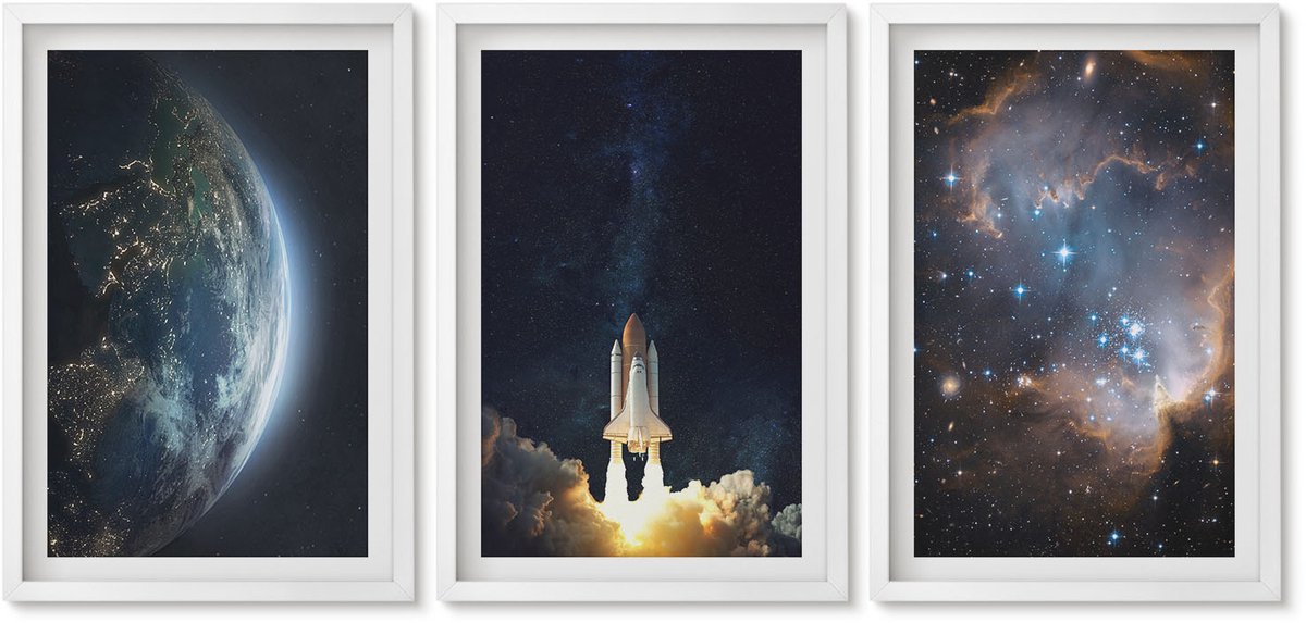 Wallfluent 3-Delige Schilderij Set - Ruimte Aarde Raket Melkweg Hemel Sterren - 40 x 60 - Decoratieve Schilderijen - Woonkamer - Interieur - Interieur Decoratie
