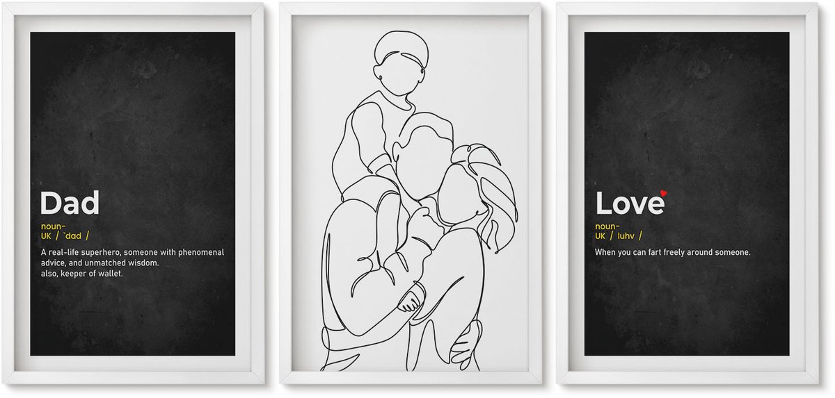 Wallfluent 3-Delige Schilderij Set - Familielijnkunst Met Definities Van Liefde En Vaderschap. - 40 x 60 - Wanddecoratie - Woonkamer Decoratie