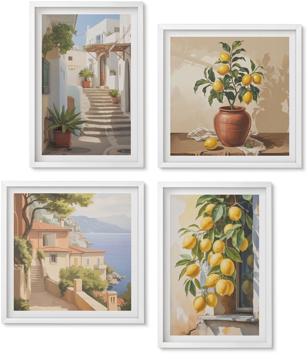 Wallfluent 4-Delige Schilderij Set - Sfeervolle Straatjes Met Citroenbomen En Uitzicht Op Zee. - 40 x 40 En 40 x 60 - Decoratieve Schilderijen - Wanddecoratie - Hal