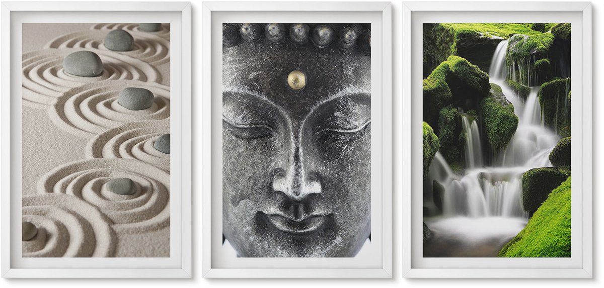 Wallfluent 3-Delige Schilderij Set - Rust Van De Natuur Met Stenen, Een Waterval En Een Boeddha. - 40 x 60 - Muurdecoratie - Decoratieve Schilderijen - Wohnzimmer