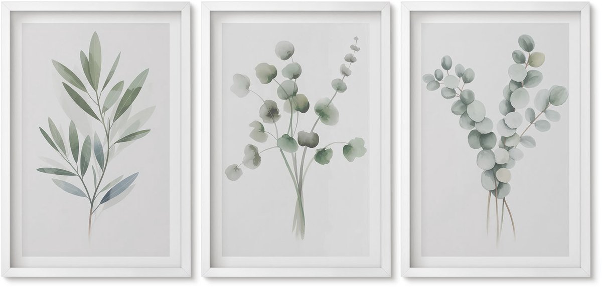 Wallfluent 3-Delige Schilderij Set - Plantenpatronen In Tinten Groen En Grijs - 40 x 60 - Wanddecoratie - Muurdecoratie - Moderne Interieurdecoratie - Interieur Decoratie