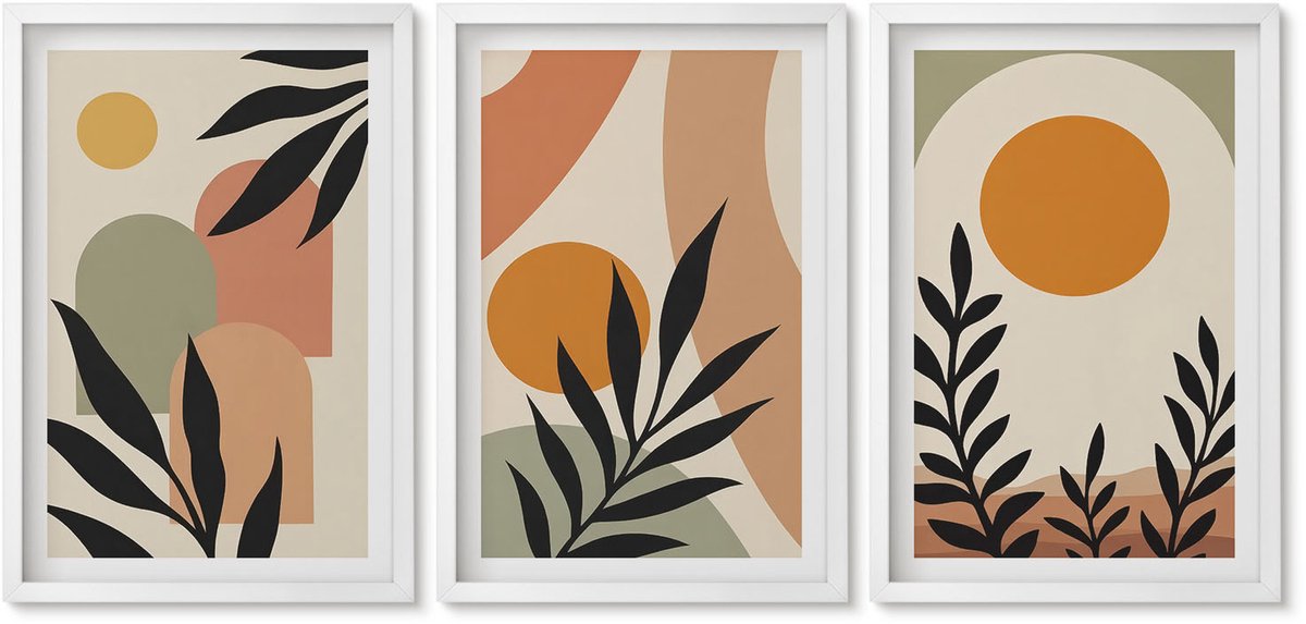 Wallfluent 3-Delige Schilderij Set - Abstracte Vormen En Plantmotieven In Warme Kleuren. - 40 x 60 - Stijlvolle Wanddecoratie - Interieur - Woonkamer Decoratie