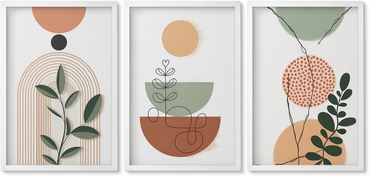 Wallfluent 3-Delige Schilderij Set - Abstracte Vormen Met Kleurrijke Plantmotieven - 40 x 60 - Wanddecoratie - Moderne Interieurdecoratie