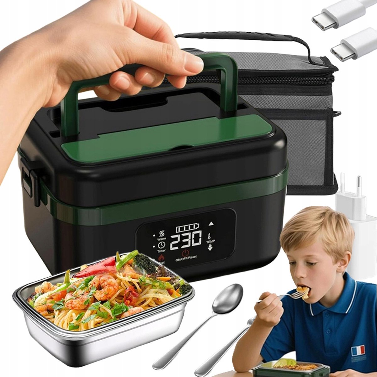 Elektrische Lunchbox - Verwarmde Bento Box - Thermos Lunchbox - 1000 ml - 60W Snel Verwarmend - 6 Temperatuurstanden - Voorverwarmen - ook Powerbank - met Isolatietas - Draagbare Broodtrommel - Voor Kantoor & School & Auto - Zwart en Groen