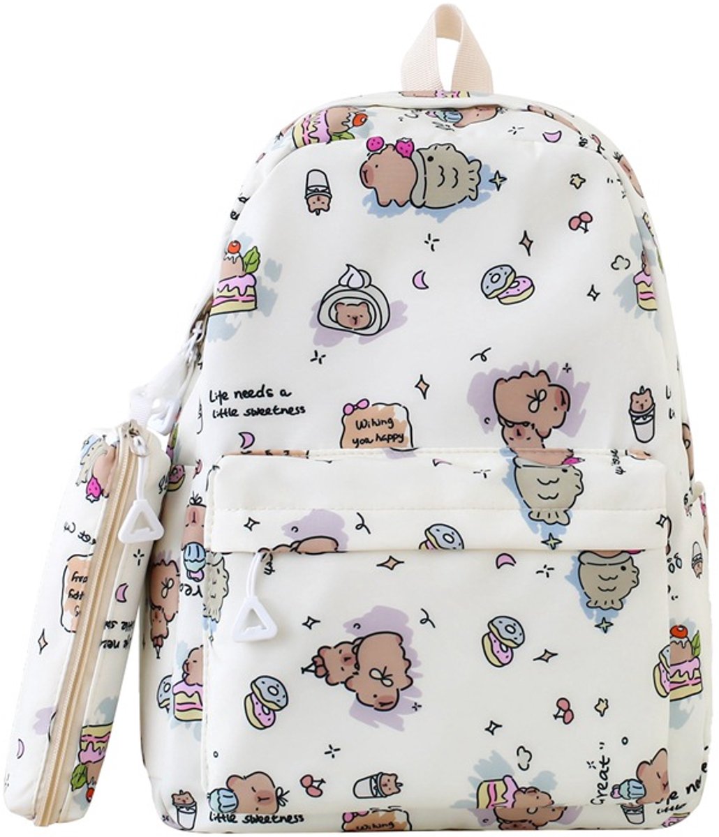 Kinderrugzak met ingebouwd etui, duurzame tas, ruime casual rugzak voor middelbare scholieren, wit.