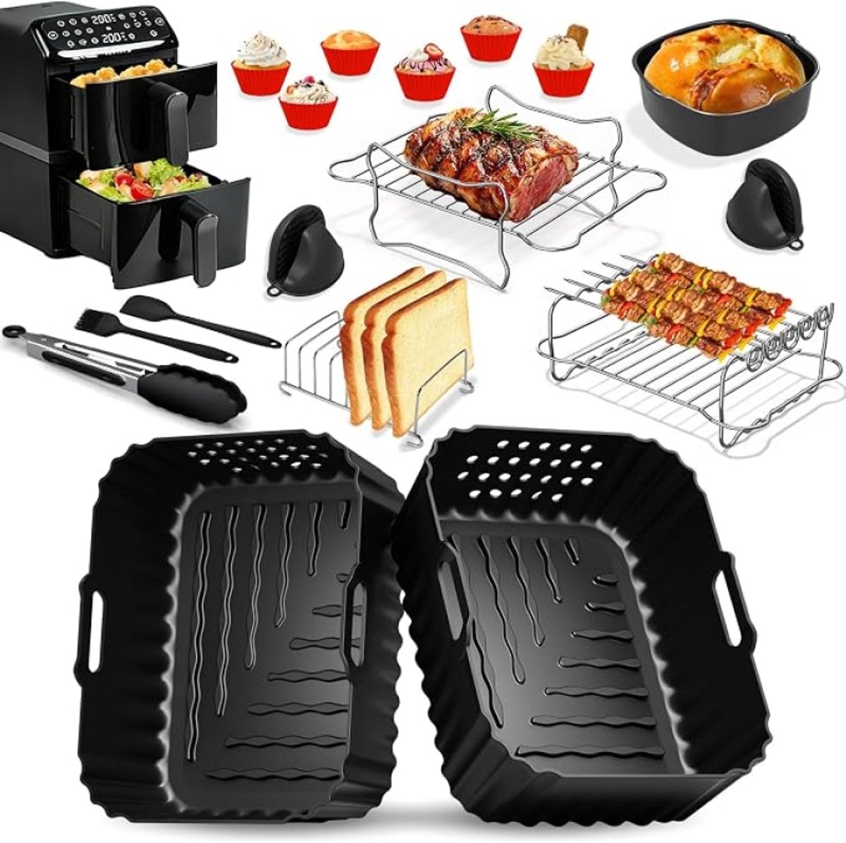 Accessoireset voor Philips Airfryer 4000 Series 10L, Siliconen Ovenschaal en Gestapelde Dubbele Mand, NA460 10L