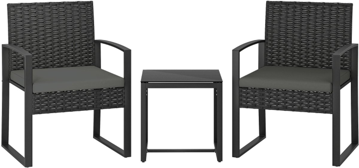 Tuinmeubelset set van drie stuks - twee Vintage tuinstoelen - koffietafel - afneembare donkergrijze kussens