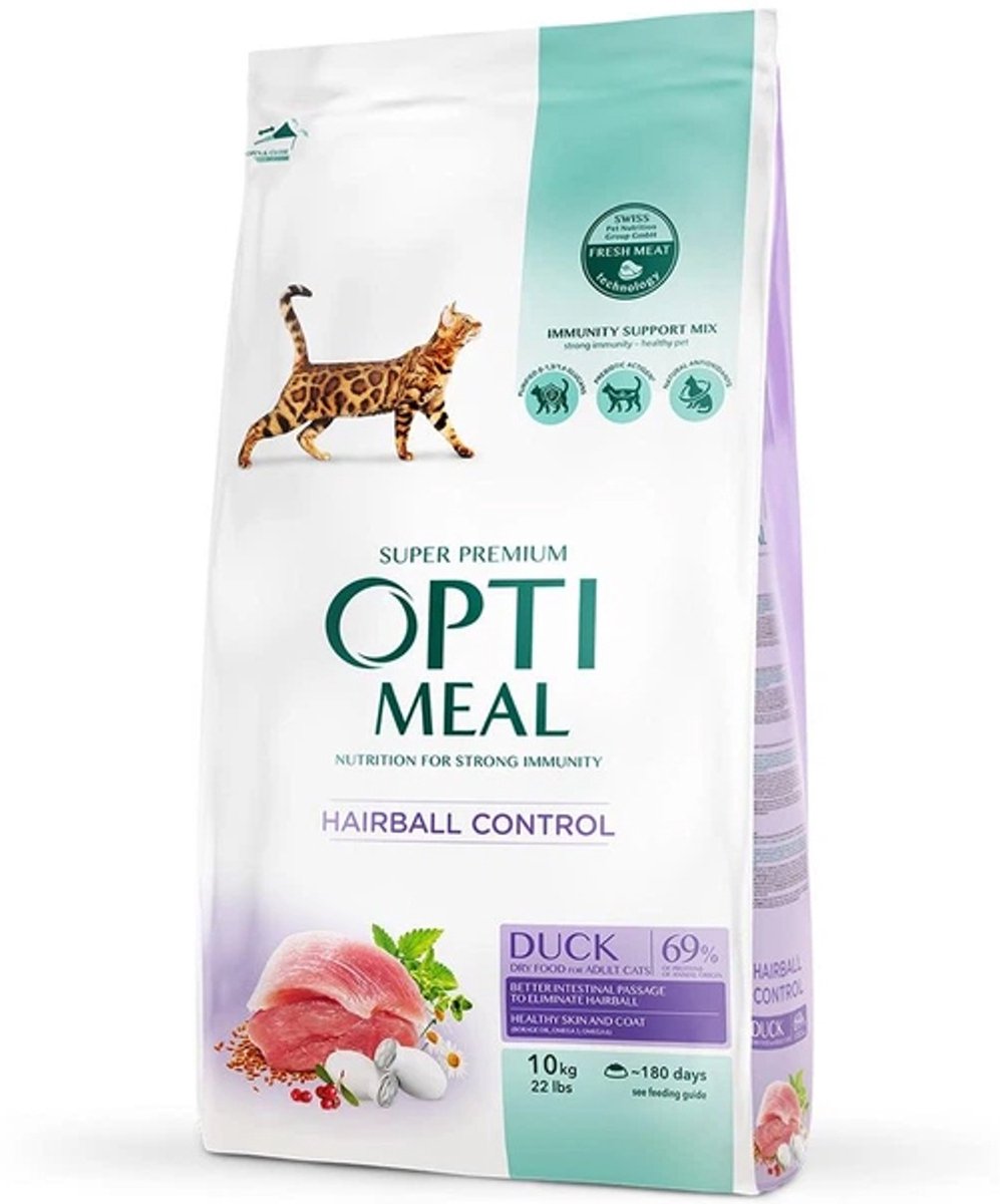 OptiMeal volledig droogvoer tegen haarballen met eend l with duck - adult cat 10 kg