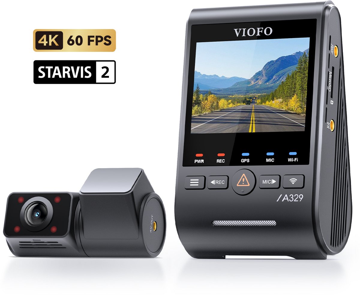 VIOFO A329S IR 2CH - Dashcam - 4K 60fps - 2K Infrarood Interieurcamera - Sony STARVIS 2 - 210° Beeldhoek - WiFi 6 - GPS