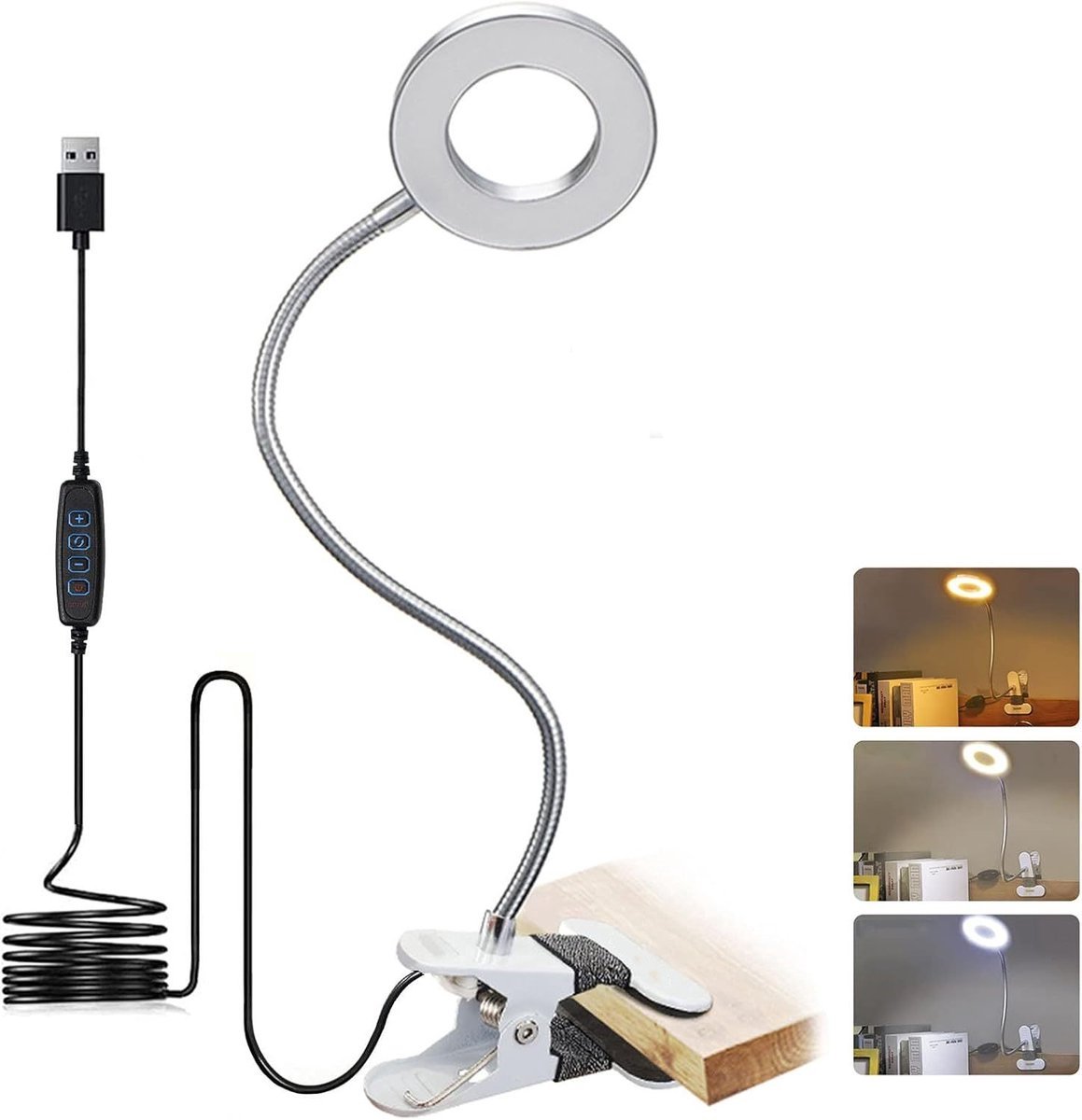 Casalora Bureaulamp LED Dimbaar – LED leeslamp – Met Klem – Opladende USB – 3 Kleurmodi – 40 cm – Zilver