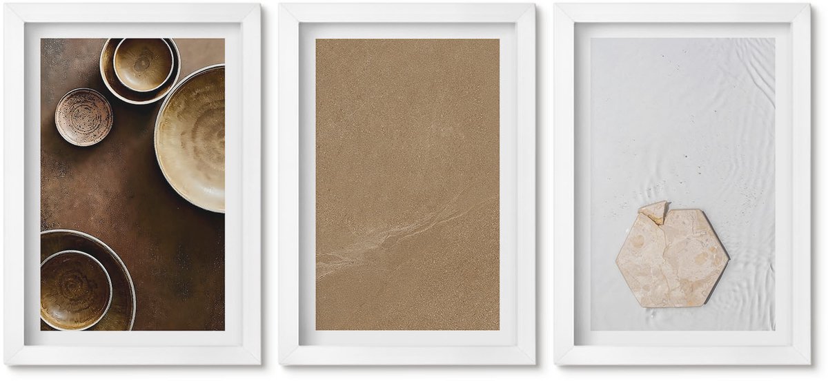 Wallfluent 3-Delige Schilderij Set - Minimalistische Texturen In Warme Kleuren - 20 x 30 - Moderne Wanddecoratie - Woonkamer - Decoratieve Schilderijen