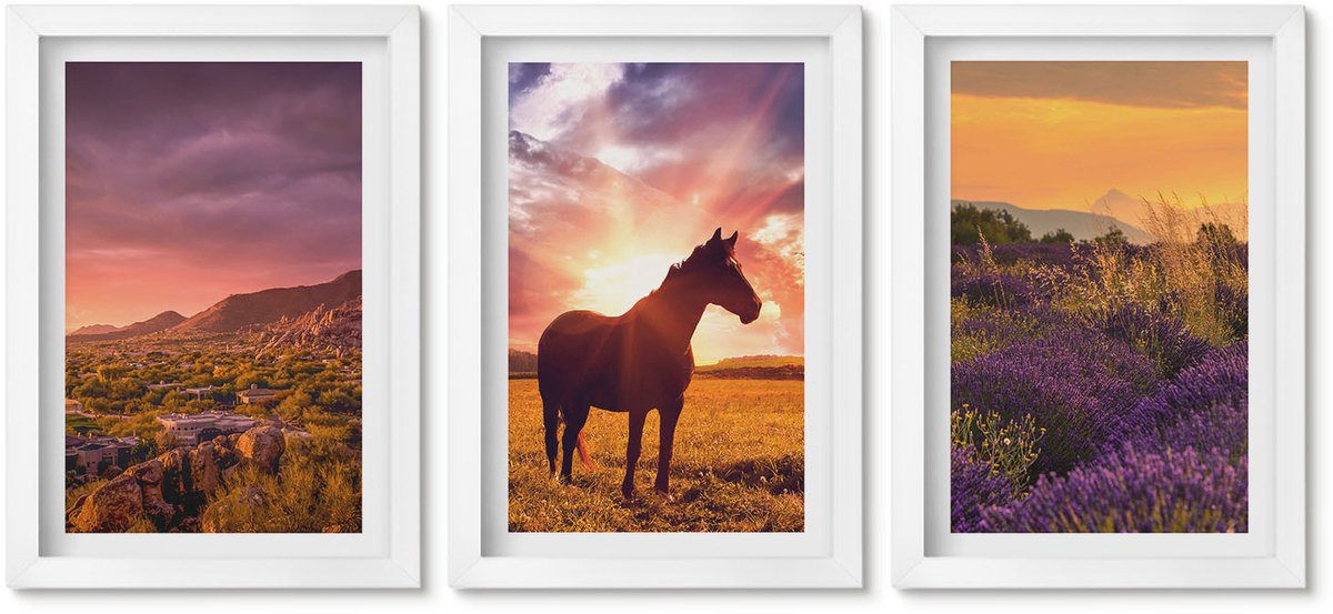 Wallfluent 3-Delige Schilderij Set - Berglandschappen Met Paarden En Lavendelvelden - 20 x 30 - Wanddecoratie - Moderne Interieurdecoratie - Stijlvolle Muurdecoratie