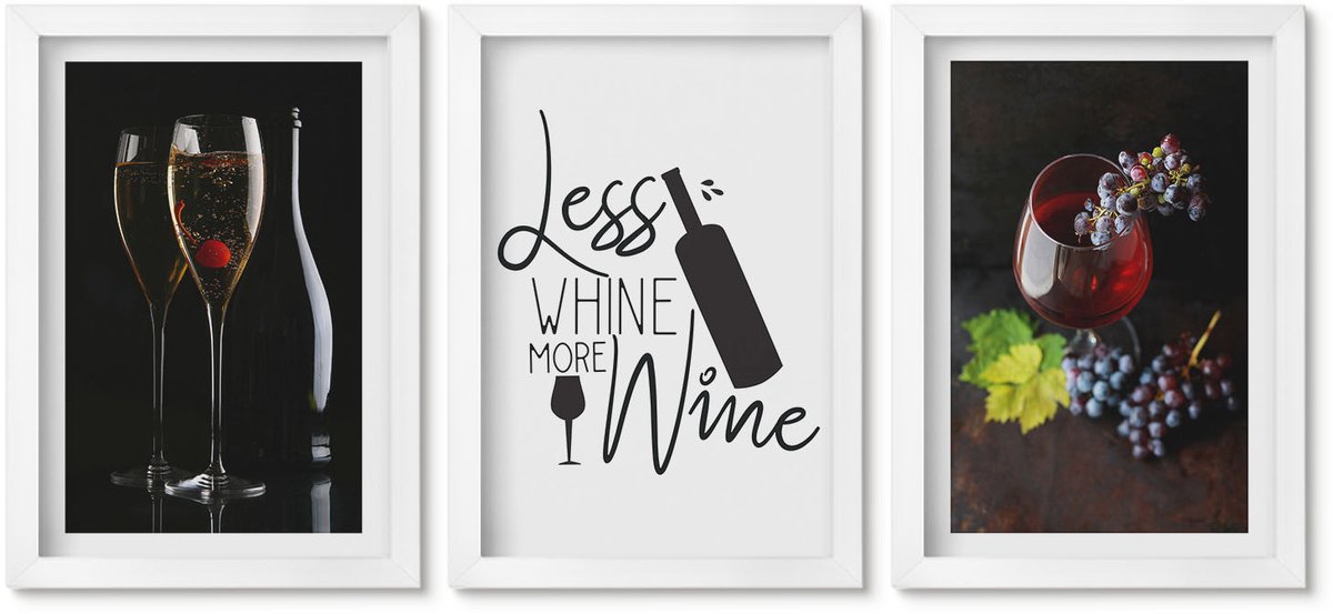 Wallfluent 3-Delige Schilderij Set - Wijnglazen Met Druiven En Een Opschrift Over Wijn. - 20 x 30 - Muurdecoratie - Decoratieve Schilderijen - Wohnzimmer - Moderne Wanddecoratie