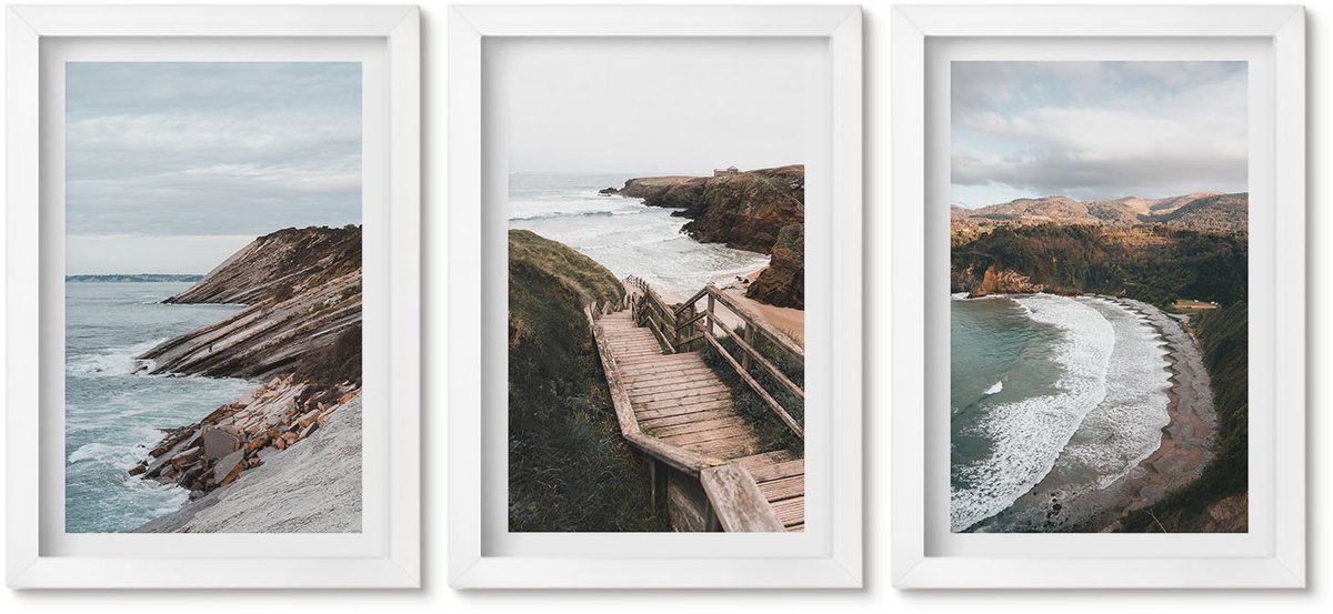 Wallfluent 3-Delige Schilderij Set - Uitzicht Op Zee Met Kliffen En Strandlandschappen - 20 x 30 - Wanddecoratie - Schilderijen Set - Kantoor - Moderne Wanddecoratie