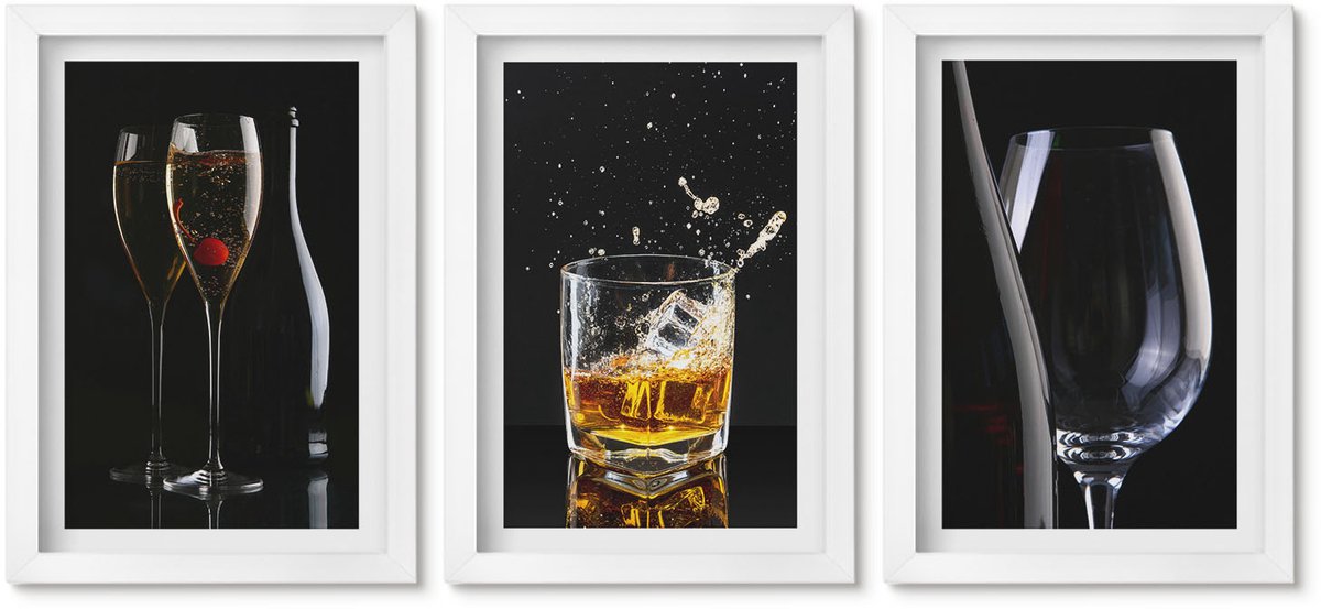 Wallfluent 3-Delige Schilderij Set - Wijn- En Whiskyglazen Op Een Zwarte Achtergrond. - 20 x 30 - Muurdecoratie - Schilderijen Set - Woonkamer - Stijlvolle Muurdecoratie