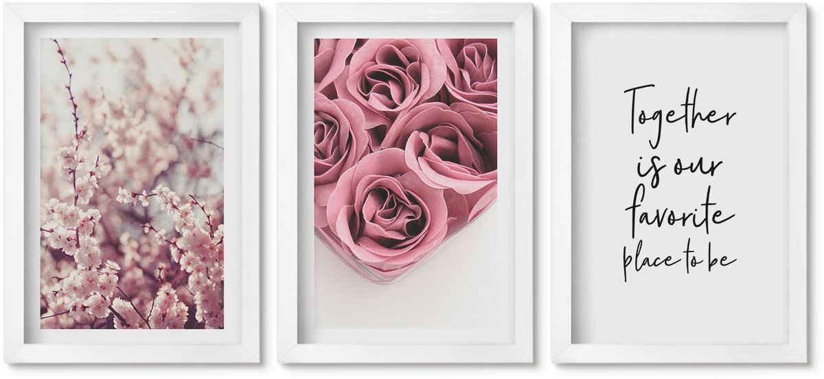 Wallfluent 3-Delige Schilderij Set - Bloemen En Boeketten Rozen Met Een Zelfgeschreven Tekst. - 20 x 30 - Muurdecoratie - Interieur Decoratie - Decoratieve Schilderijen