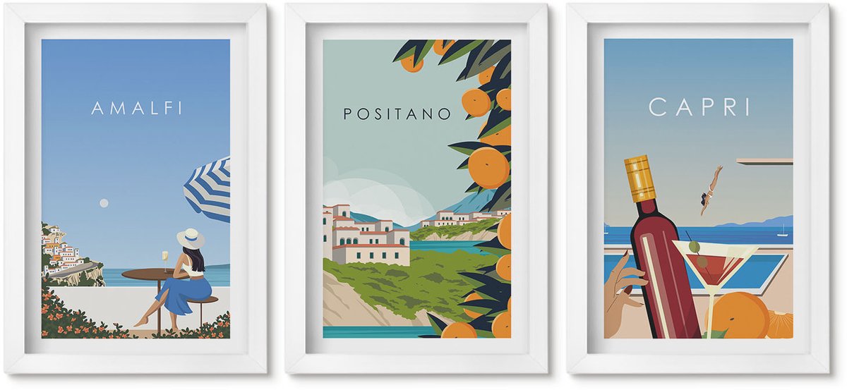 Wallfluent 3-Delige Schilderij Set - Vakantiegezichten Amalfi Positano En Capri - 20 x 30 - Wanddecoratie - Moderne Interieurdecoratie - Woonkamer Decoratie