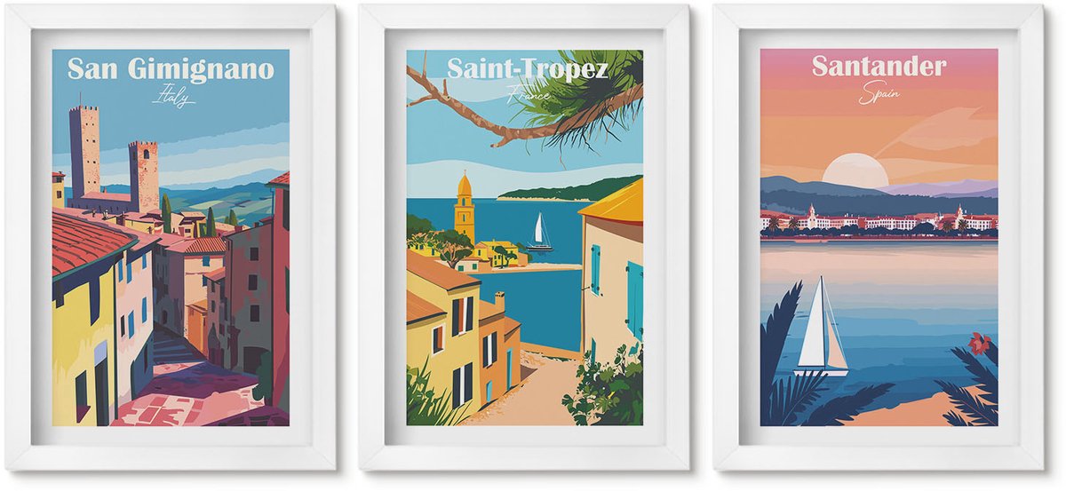Wallfluent 3-Delige Schilderij Set - Italiaanse Stadjes En Retro Kustlandschappen - 20 x 30 - Decoratieve Schilderijen - Woonkamer - Interieur - Wanddecoratie