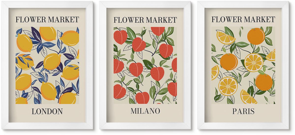Wallfluent 3-Delige Schilderij Set - Bloemenposters In Londen, Milaan En Parijs - 20 x 30 - Stijlvolle Muurdecoratie - Slaapkamer