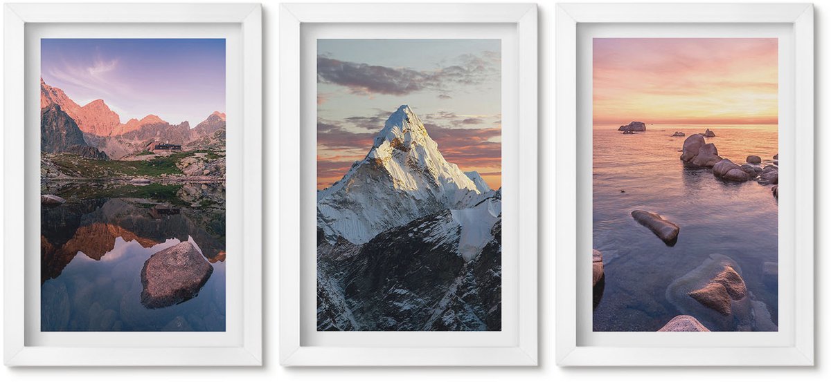 Wallfluent 3-Delige Schilderij Set - Berglandschappen Met Water En Rotsen Op De Achtergrond. - 20 x 30 - Wanddecoratie - Schilderijen Set - Kantoor
