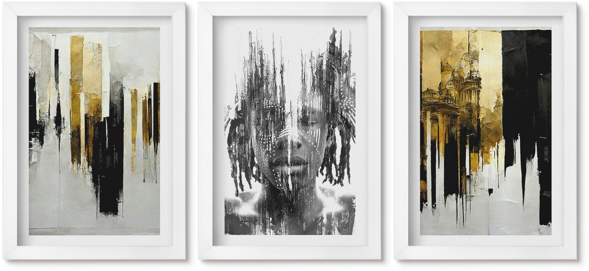 Wallfluent 3-Delige Schilderij Set - Contrasterende Abstracties Met Portret En Architectuur - 20 x 30 - Decoratieve Schilderijen - Woonkamer - Interieur